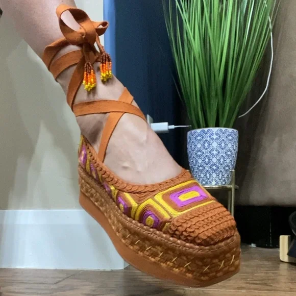FARM Rio Brown Platform Espadrilles with Yellow & Purple Accents - Picture 15 of 16